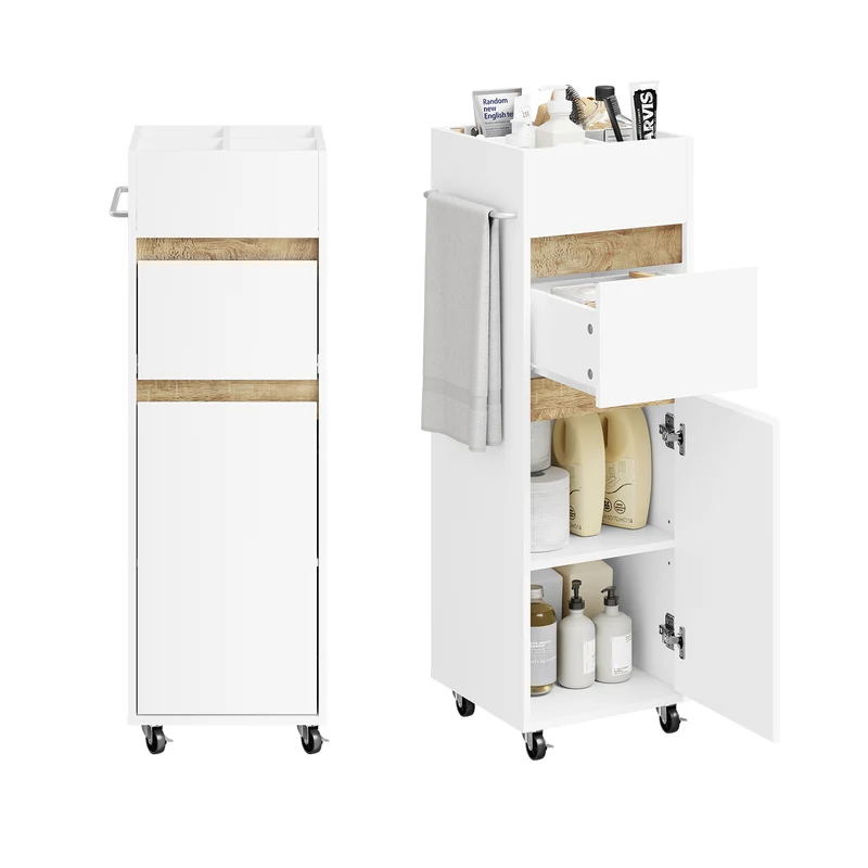 SoBuy BZR225-WN Colonne de Salle de Bain sur Roulettes avec Tiroir – Porte et Étagère, Rangement Vertical – 33×30×91 cm, Blanc