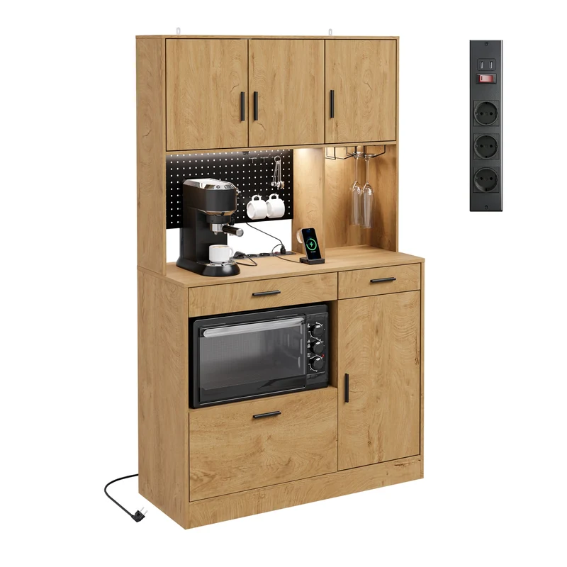 SoBuy FSB98-L-E-N Buffet de Cuisine Haut avec Prises Intégrées et LED – Plan de Travail, Multi-Rangements – 100×40×170 cm, Effet Chêne Clair