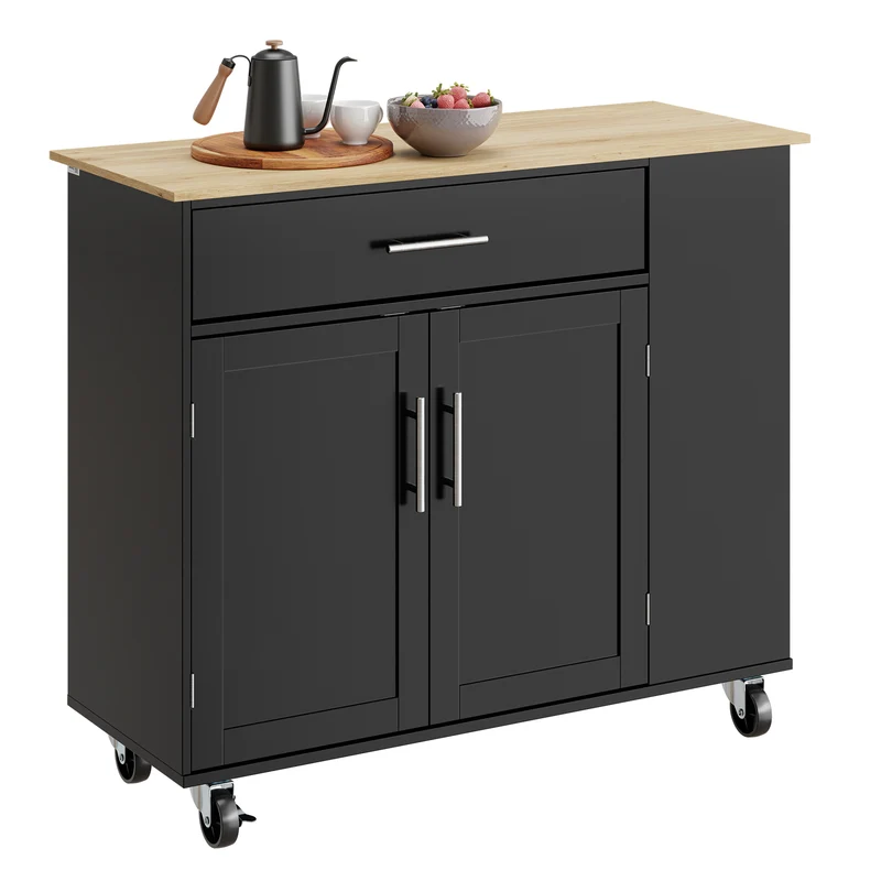 SoBuy FKW133-SCH Desserte de Cuisine à Roulettes – Plan Bois 99 cm, Tiroir, Placard 2 Portes, 3 Étagères, 75 kg | Noir