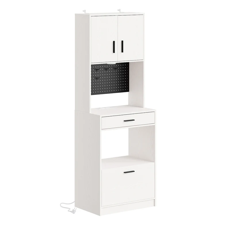SoBuy FSB98-E-WG Buffet de Cuisine 170 cm avec Prise Intégrée – 2 Prises + 2 USB, Lampe LED, Niche Micro-Ondes, Charge 75 kg, Blanc et Bois
