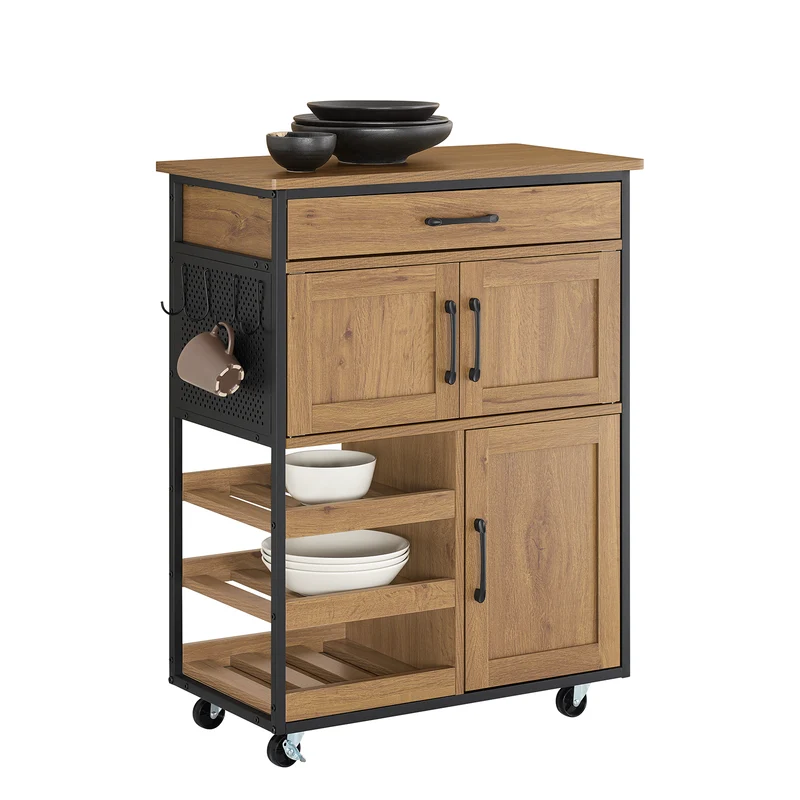 SoBuy FKW134-N Desserte de cuisine à roulettes 67 cm avec tiroir, casier à vin et crochets – Style industriel bois et métal