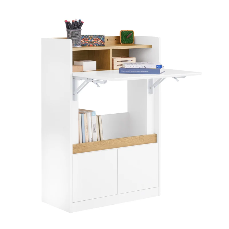SoBuy FWT109-WN Bureau pliant gain de place 63 cm avec 2 tiroirs et étagères – Blanc et bois