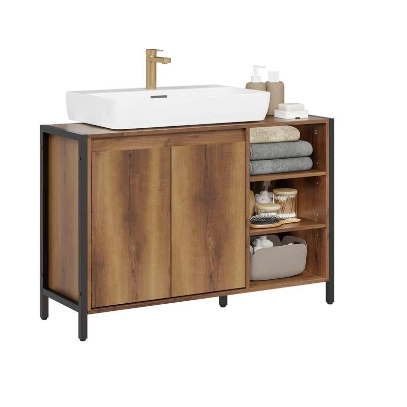 SoBuy BZR63-L-PF Meuble sous-Vasque 90 cm avec Découpe en U, 2 Portes et 3 Étagères Réglables – Style Industriel Bois Noyer et Métal Noir