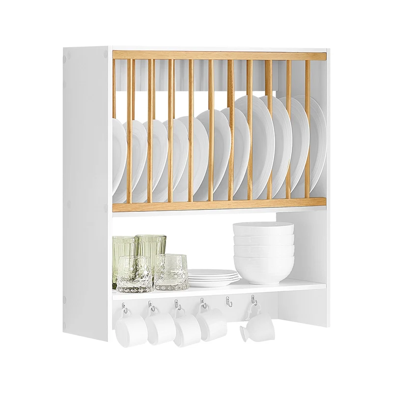 SoBuy KCR09-W Porte-Assiettes Mural avec Étagère et 7 Crochets – 11 Assiettes Ø35 cm, 64×24×71 cm, 10 kg, Blanc