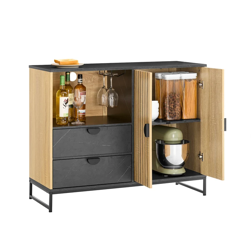 SoBuy FSB103-N Buffet Cuisine avec Niche Micro-Ondes et Étagère Réglable – L107 × P40 × H85 cm, Chêne / Noir