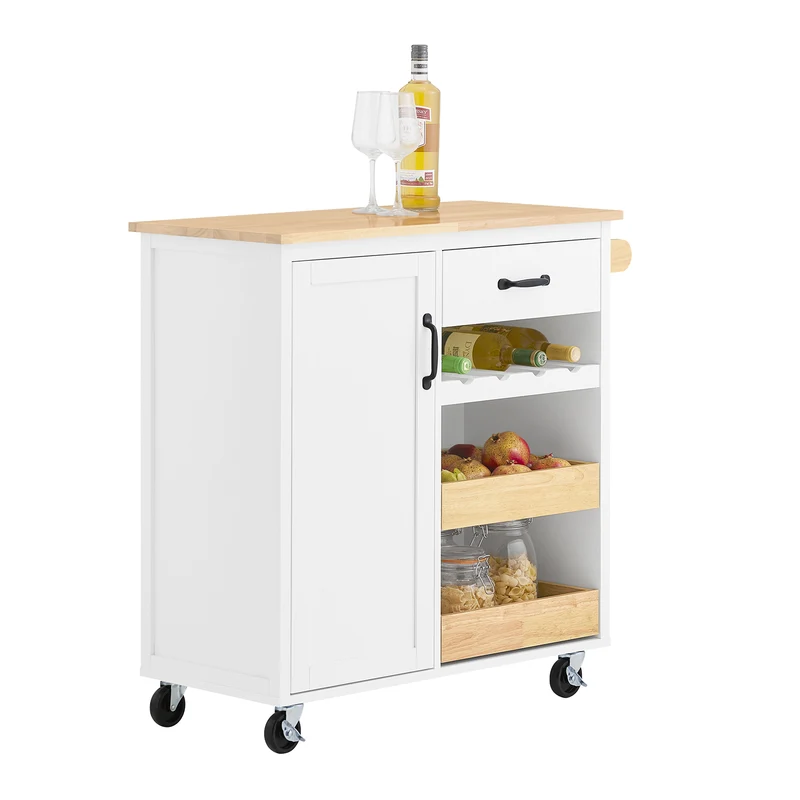 SoBuy FKW131-WN Desserte Cuisine avec Roues, pour Cuisine et Salle à Manger, Rangement Optimisé, Design Fonctionnel – L92×P42×H87 cm, Bois d’Hévéa, Blanc