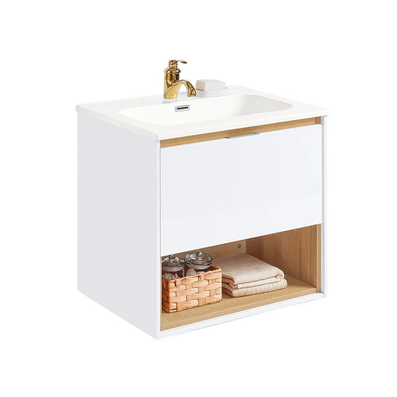 SoBuy BZR171-N Meuble Suspendu pour Lavabo Armoire avec Vasque Ensemble de Lavabo en céramique, 1 Tiroir et 1 Compartiment