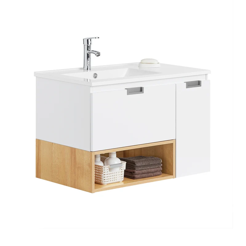 SoBuy BZR178-WN Ensemble Meuble Vasque Suspendu avec 1 Tiroir et 1 Porte, Rangement Optimisé, Design Fonctionnel – L80×P46×H54 cm, MDF + Céramique, Blanc