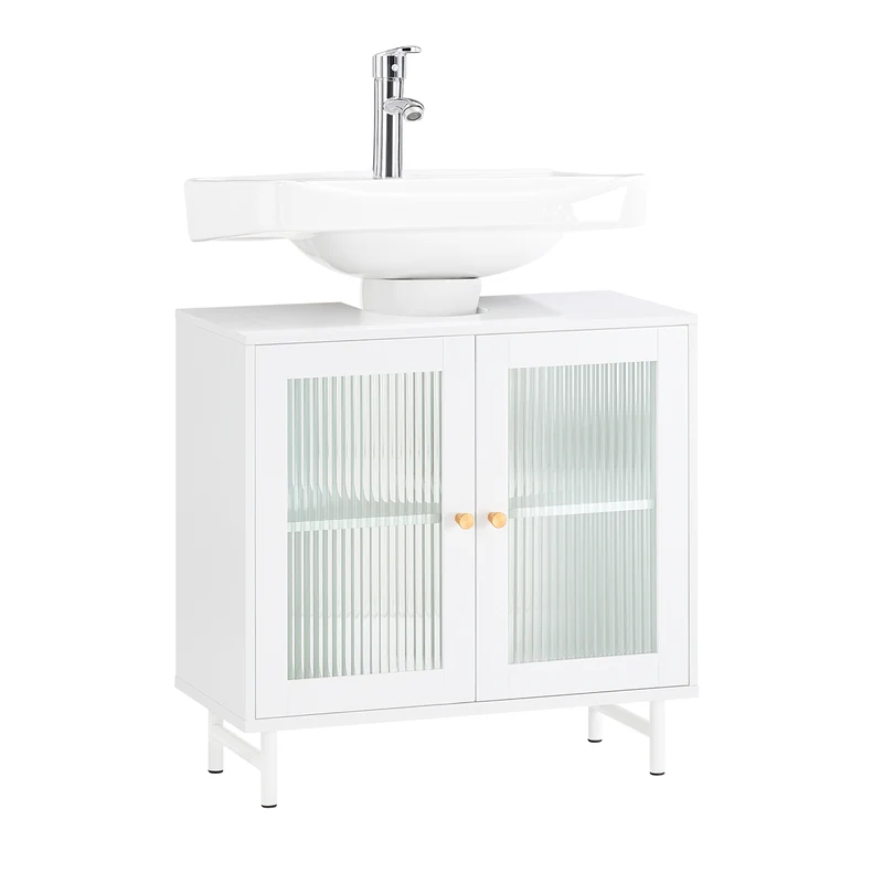 SoBuy BZR115-II-W Meuble sous Lavabo Salle de Bain, Armoire de Rangement pour Vasque sur Pieds avec 2 Portes en Verre
