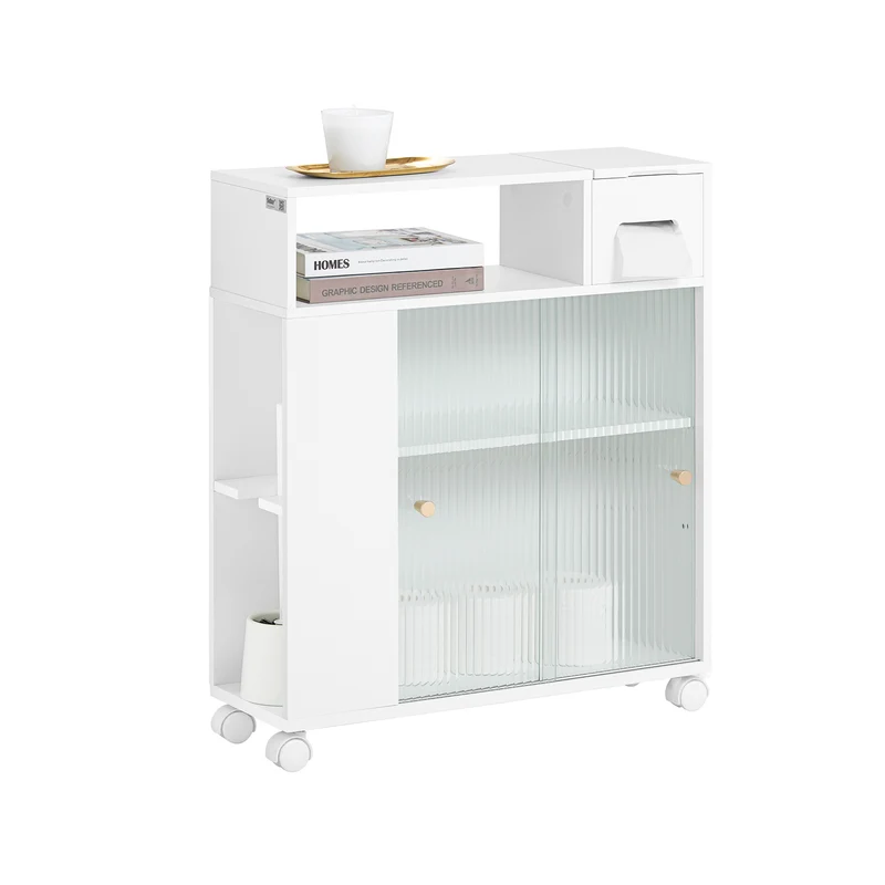 SoBuy BZR117-W Armoire WC Toilettes, Meuble Étroit Salle de Bain sur Roulettes, Support Papier Toilette avec 2 Portes Coulissantes en Verre