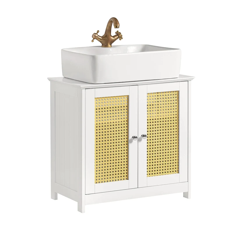 SoBuy BZR72-W Meuble sous-Lavabo, Meuble sous-Vasque à 2 étages réglable et 2 Portes en Ploy Rotin, Placard de Rangement