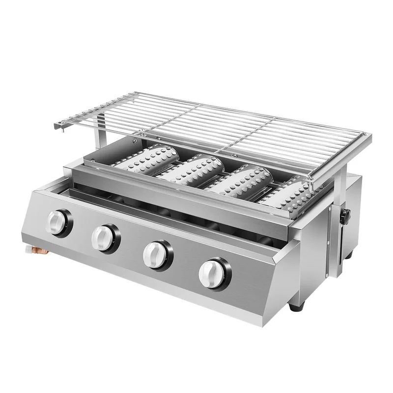 Plancha Gaz 4 Brûleurs Inox – Barbecue de Table Sans Fumée, Grille Amovible (GPL)