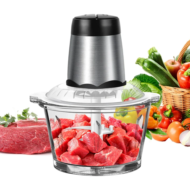 Hachoir Électrique Multifonction 300 W — Bol en Verre 2 L, 4 Lames Inox, 2 Vitesses