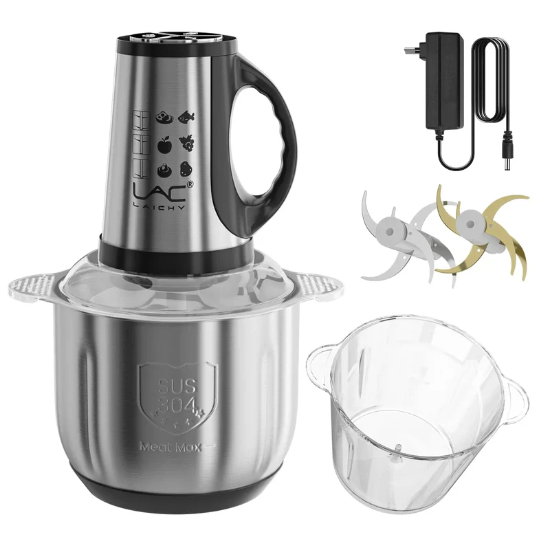 Hachoir Électrique Multifonction 300 W — Double Bol Inox et Verre, 4 Lames, 3 Vitesses