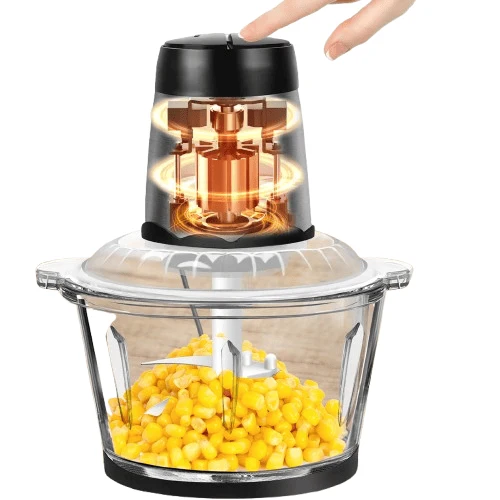 Hachoir Électrique Multifonction 2L 300W — Bol en Verre, 4 Lames Inox, 2 Vitesses