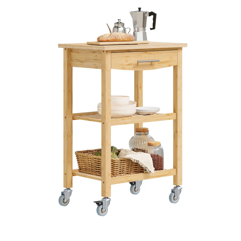 SoBuy FKW135-N Desserte de cuisine en bambou carbonisé 58 cm avec tiroir et roulettes – Chariot de cuisine naturel