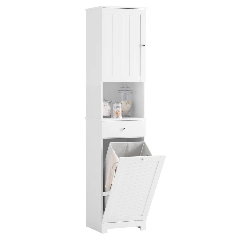 SoBuy BZR216-W Colonne de Salle de Bain avec Panier à Linge 45 L, Tiroir, Étagère Réglable et Porte Réversible – Charge 34 kg – 40×38×180 cm, Blanc