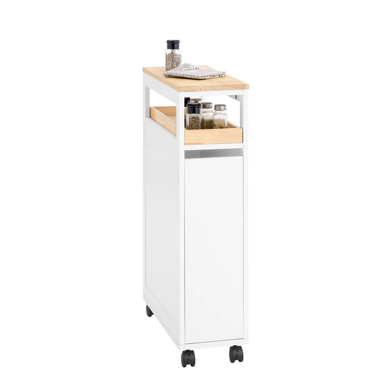 Prévente SoBuy NSR11-WN Chariot de Cuisine à Roulettes Slim 20 cm, Plan de Travail Bois, Tiroir 2 Niveaux, 4 Roulettes – L20 × P51 × H79 cm