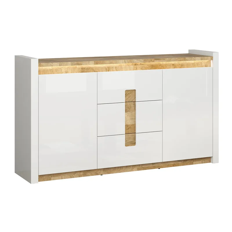 Buffet 2 portes 3 tiroirs avec LED Helios Blanc laqué et Bois