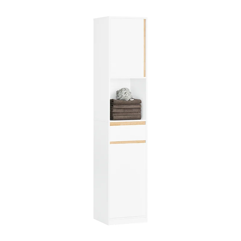 SoBuy BZR80-W Colonne de Salle de Bain 170 cm – Tiroir, Portes et Étagère Ouverte – Blanc