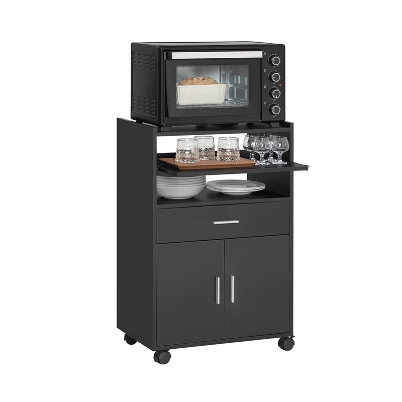 SoBuy FSB09-SCH Chariot de Cuisine sur Roulettes – Plan de Travail Extensible, 2 Étagères, Tiroir, Placard, 59×40×92 cm, Noir