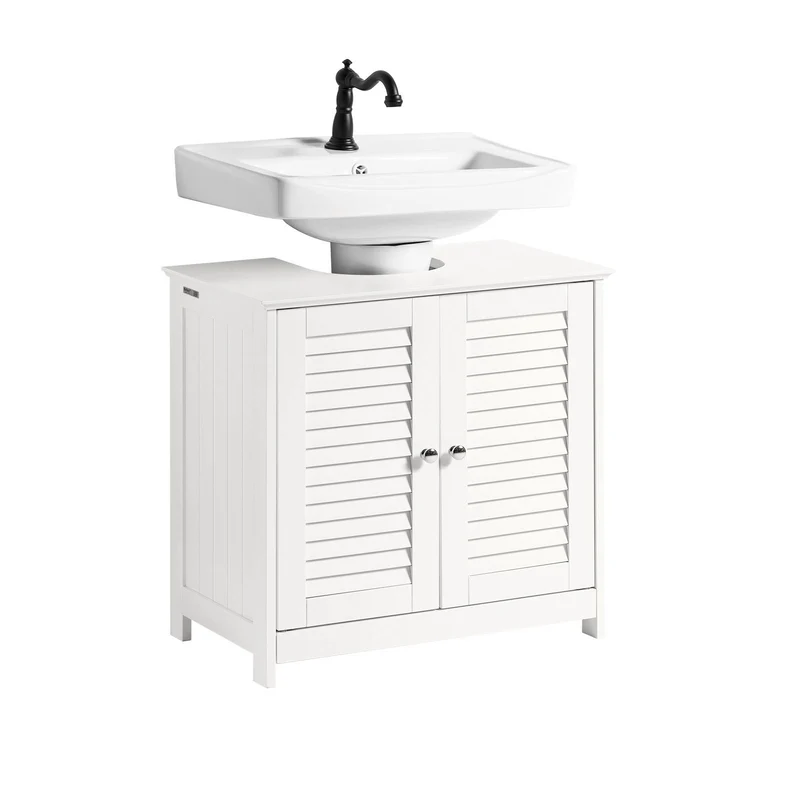 SoBuy FRG237-II-W Meuble Sous Vasque 60 cm avec Porte à Lamelles – Étagère Réglable, Blanc
