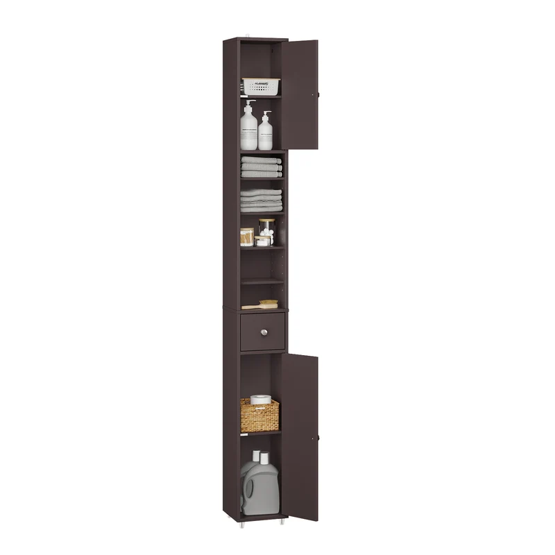 SoBuy BZR34-II-BR Colonne Salle de Bain Ultra-Étroite 20×20×180 cm – 1 Tiroir, 2 Portes, 5 Compartiments, Brun
