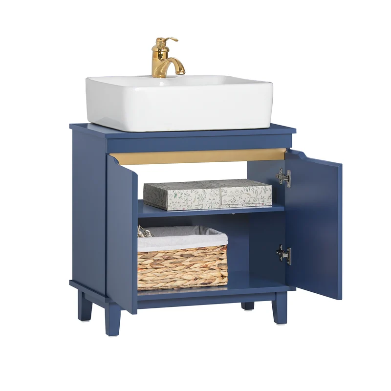 SoBuy BZR113-B Meuble sous-Lavabo Bleu Foncé 60 cm avec 2 Portes, Cloison et Pieds en Pin – Profondeur 30 cm, MDF E1, Charge 30 kg