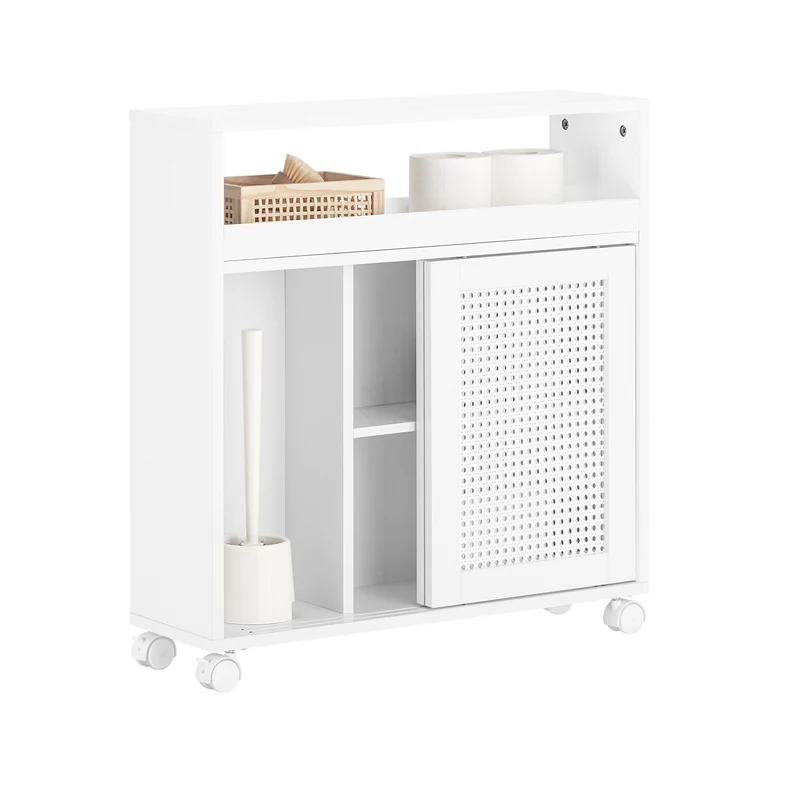 SoBuy BZR119-W Meuble WC à Roulettes avec 2 Portes Coulissantes en Rotin – L65×P20×H70 cm, Charge 35 kg, MDF E1, Blanc