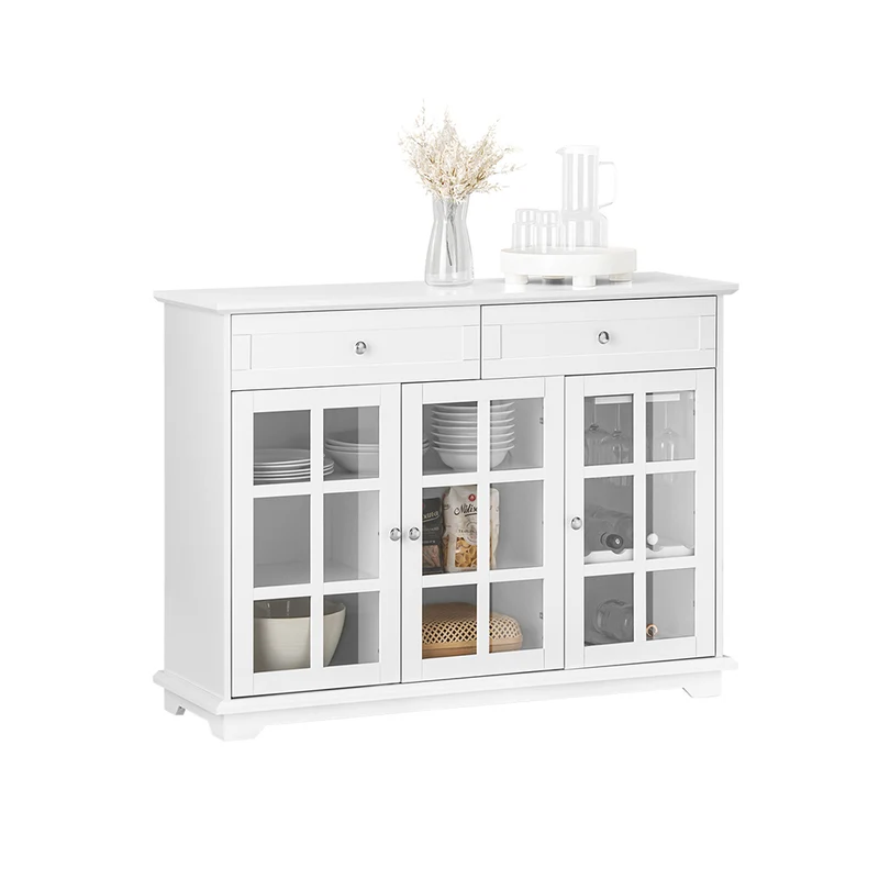 SoBuy FSB77-W Buffet Cuisine avec 3 Portes Vitrées et 2 Tiroirs, pour Cuisine et Salle à Manger, Rangement Optimisé, Design Fonctionnel – L119×P40×H90 cm, Blanc