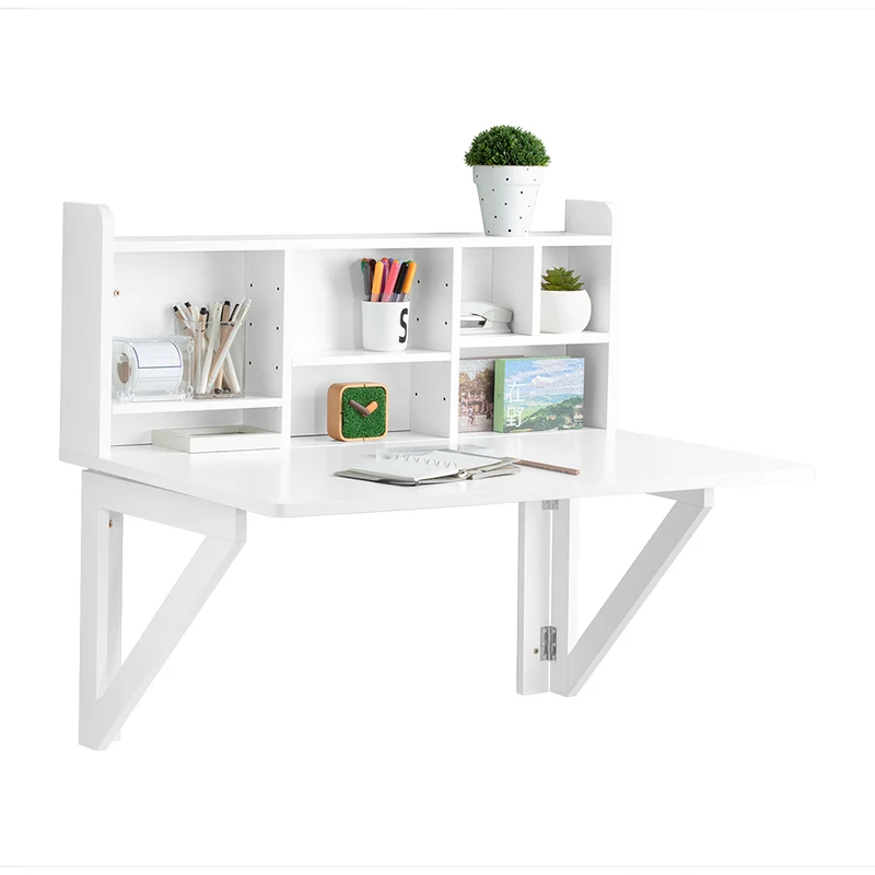 SoBuy FWT07-II-W Table murale rabattable 90 x 60 cm avec étagère intégrée – Bureau mural gain de place blanc