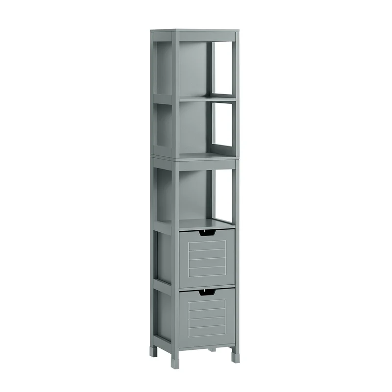 SoBuy FRG126-SG Colonne Salle de Bain avec 4 Étagères et 2 Tiroirs, Gain de Place, pour Salle de Bain et WC, Usage Quotidien – L30×P30×H140 cm, Bois, Gris Clair