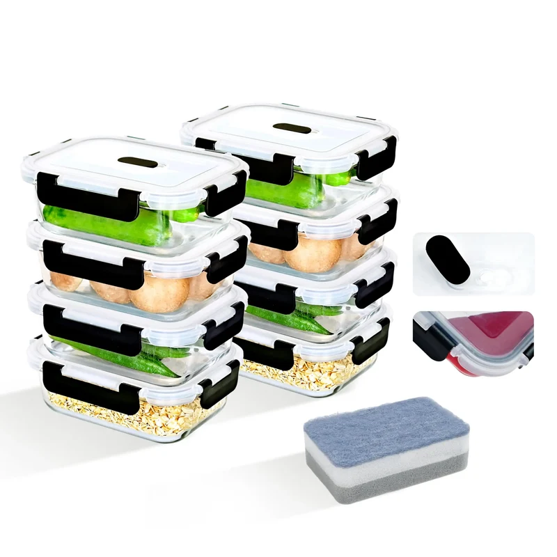 Lot de 8 Boîtes Hermétiques en Verre 640ml avec Couvercle Anti-Fuite