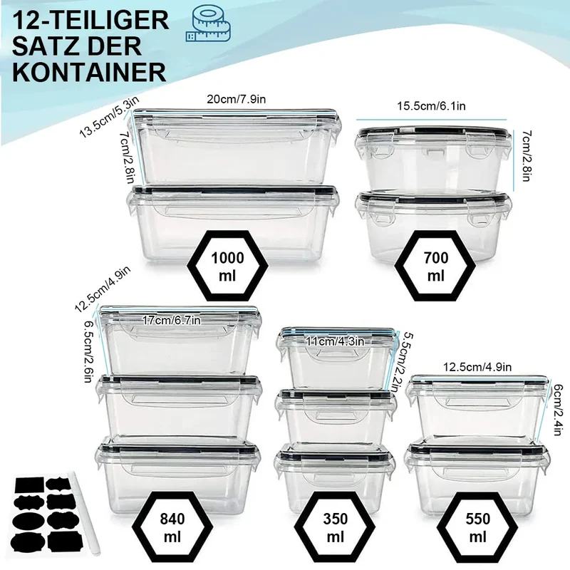 Lot de 12 Boîtes Hermétiques Transparentes avec Couvercle 800ml