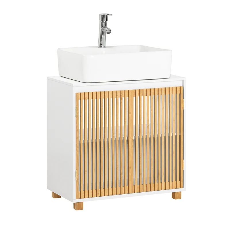 SoBuy BZR125-W Meuble sous Lavabo de Salle de Bain, Meuble sous Vasque à 2 Portes en Bambou, Placard Armoire de Rangement Meuble évier de Cuisine, L60 x P30 x H61 cm