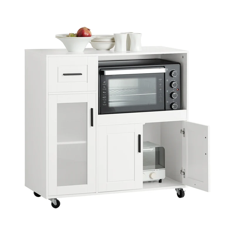SoBuy FSB78-W Desserte de Cuisine à Roulettes – 3 Portes dont 1 en Verre, Tiroir et Gestion des Câbles, Blanc
