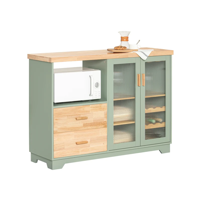 SoBuy FSB81-GR Buffet Cuisine 120cm, Niche Micro-Ondes, Casier 8 Bouteilles, Portes Vitrées, Plan Bois Massif – Vert Sauge