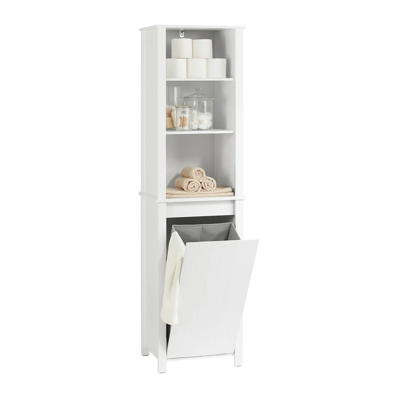 SoBuy BZR102-W Colonne Salle de Bain avec 3 Étagères et Sac à Linge Amovible – L45×P35×H171 cm, Charge 40 kg, Blanc