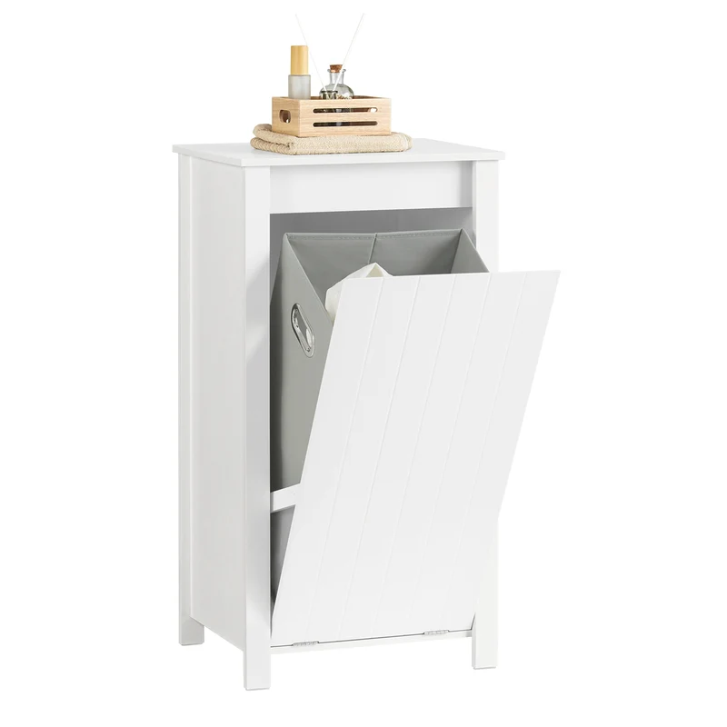 SoBuy BZR100-W Armoire à Linge avec Panier Rabattable et Sac Amovible à Poignées – L45×P35×H85,5 cm, Charge 15 kg, MDF E1, Blanc