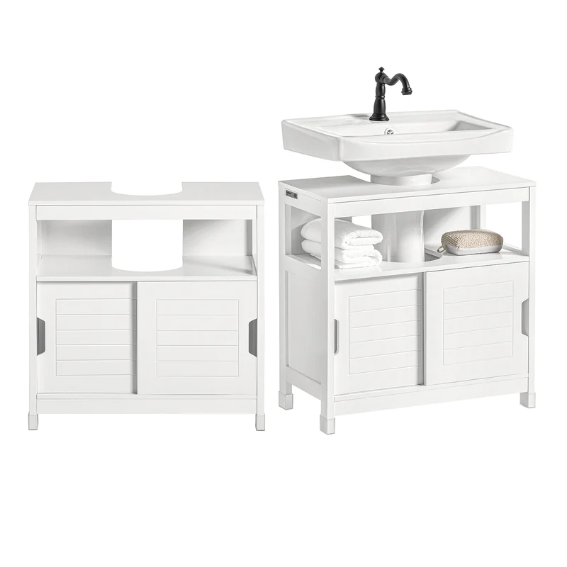 SoBuy FRG128-II-W Meuble sous Vasque avec 2 Portes Coulissantes – Découpe U Ajustable, Anti-Humidité, Blanc, 60×30×60 cm