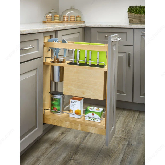Système coulissant BLUMOTION avec rangement pour ustensiles et couteaux Rev-A-Shelf