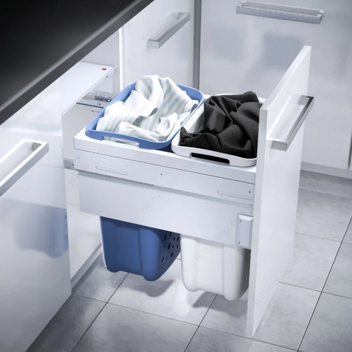 Panier à linge avec coulisses synchronisées