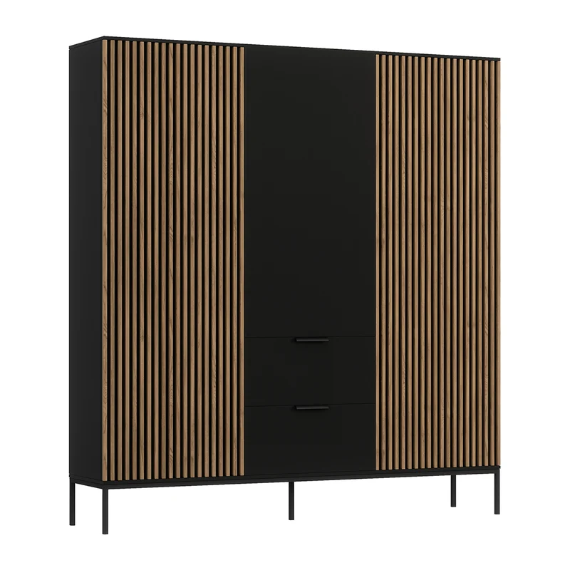 Armoire 3 portes 2 tiroirs Melchior Noir et Bois