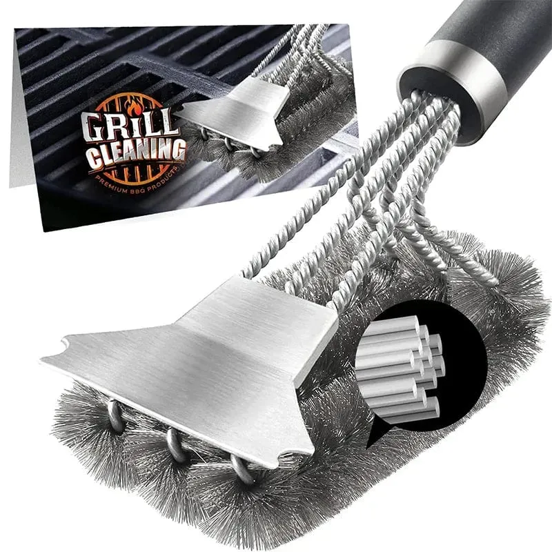 Brosse Barbecue Inox 3 Têtes avec Grattoir – Nettoyage Grille
