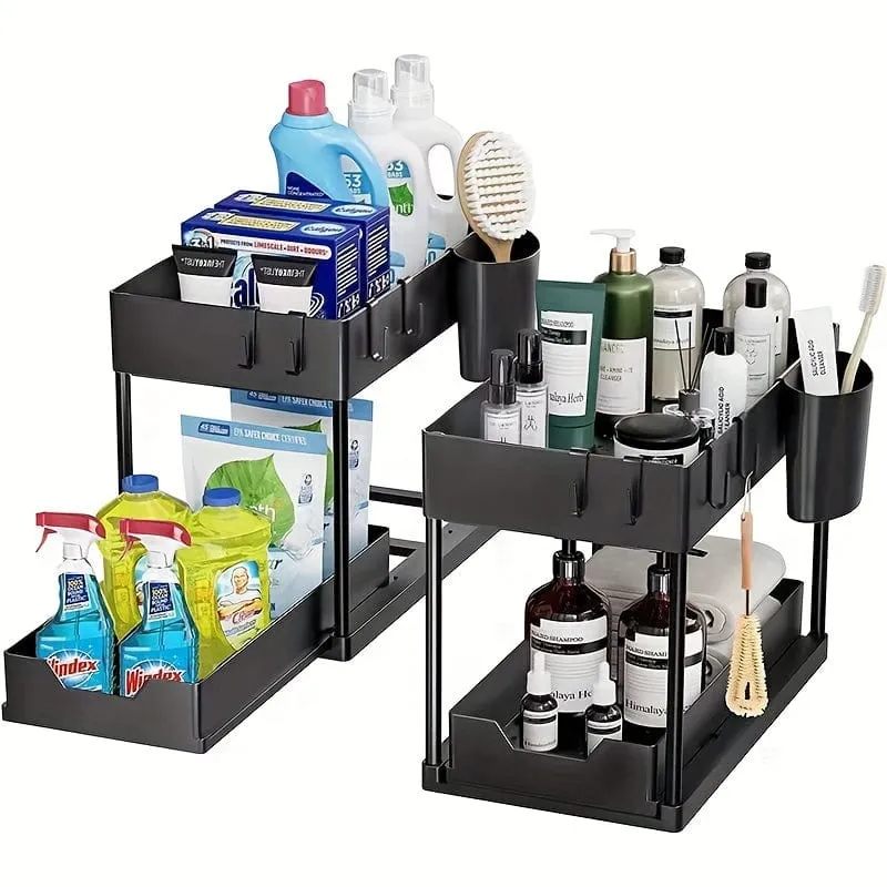 Rangement Coulissant Sous Évier 2 Niveaux — Organiseur Cuisine & Salle de Bain