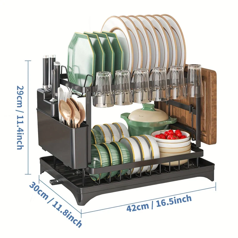 Égouttoir à Vaisselle 2 Étages avec Bac d'Égouttage et Range-Couverts