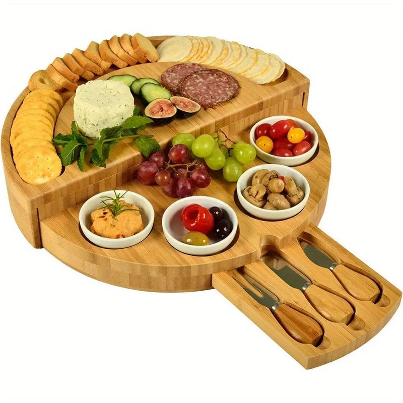 Plateau à fromage et charcuterie en bambou avec tiroir intégré