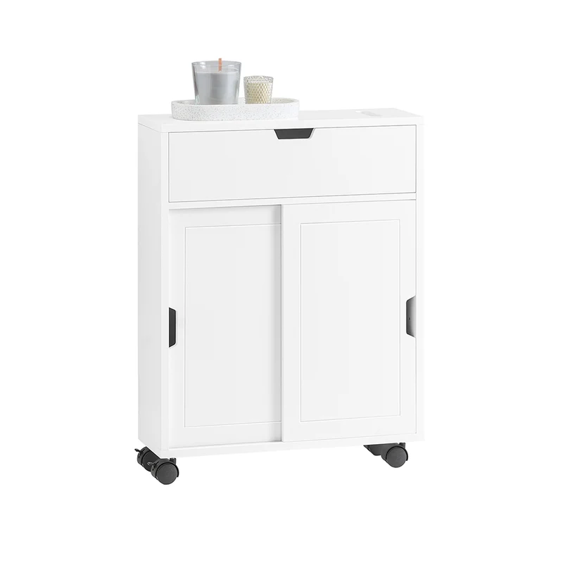 SoBuy BZR31-W Armoire Salle de Bain avec Roulettes et Portes Coulissantes, Gain de Place, Usage Polyvalent, Mobile, Rangement Optimisé – L52×P17×H68 cm, Blanc
