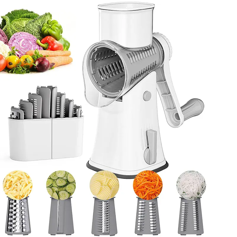 Coupe-Légumes Rotatif Manuel 5 en 1 — Acier Inoxydable, Ventouse Stable (Blanc/Vert/Noir)