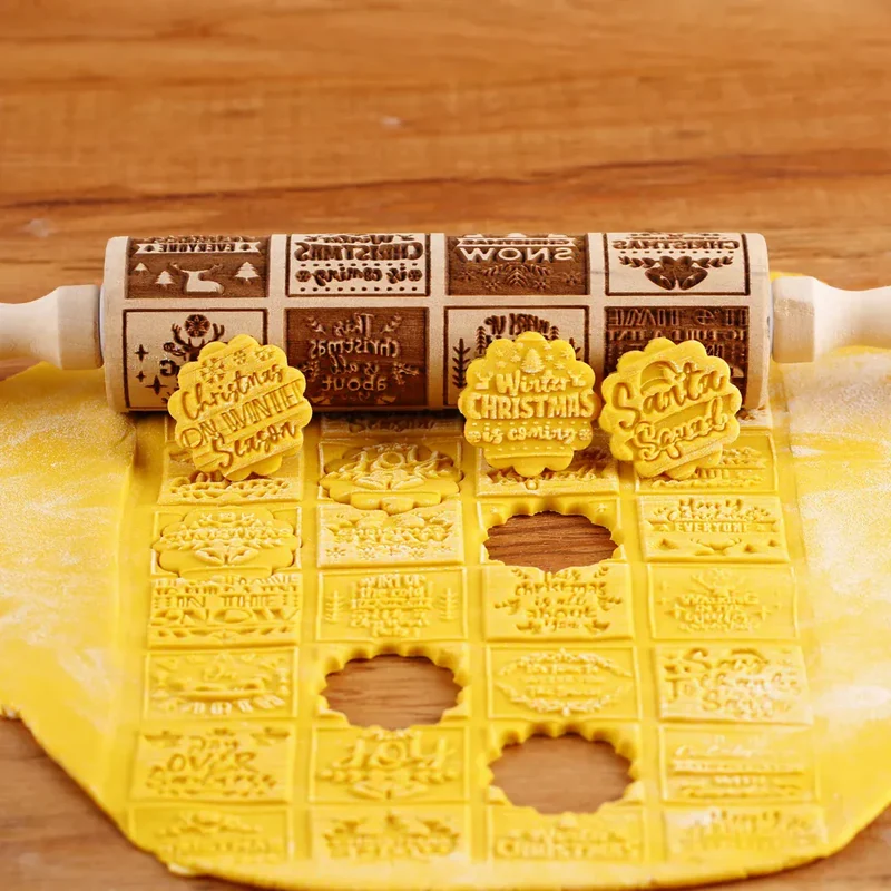 Rouleau à pâtisserie en bois avec motifs gravés de Noël - Outil de décoration pour biscuits